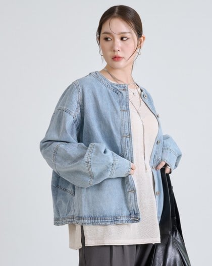 無領開襟造型剪接牛仔外套