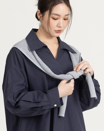 附披肩V領純棉寬鬆襯衫(兩色)