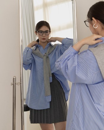 附披肩天絲寬鬆條紋襯衫