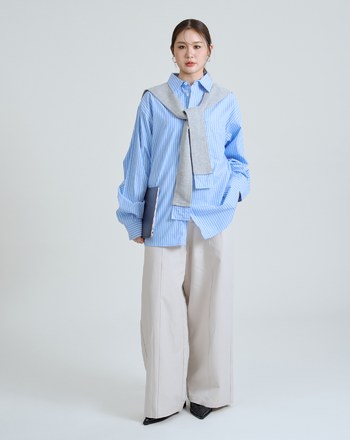 附披肩天絲寬鬆條紋襯衫