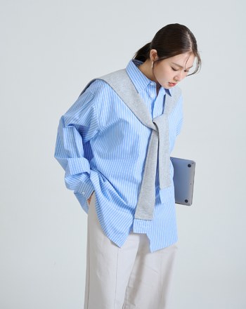 附披肩天絲寬鬆條紋襯衫