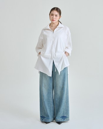 率性拉鍊半開襟腰部抽繩長版上衣