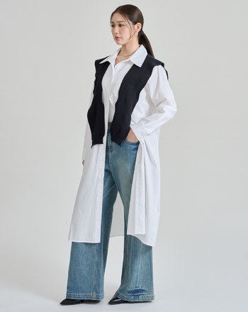 附披肩純棉長版襯衫外套洋裝(兩色)