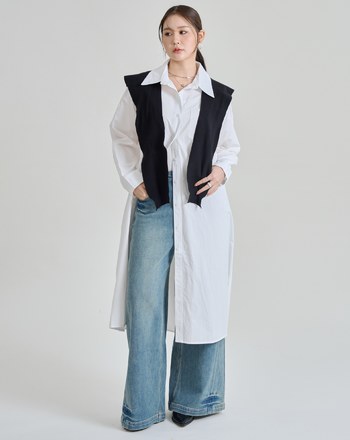 附披肩純棉長版襯衫外套洋裝(兩色)