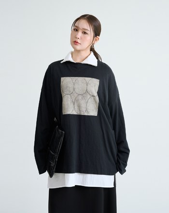 幾何圖案廓形純棉長袖T恤(三色)