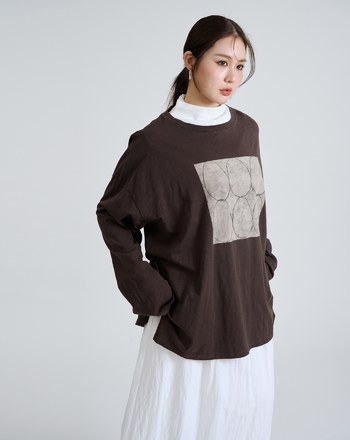 幾何圖案廓形純棉長袖T恤(三色)