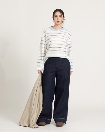 配色毛絨條紋長袖T恤(三色)