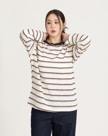 配色毛絨條紋長袖T恤(三色)