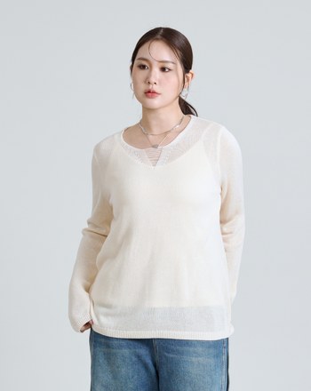 個性造型V領透膚針織上衣(兩色)