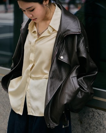率性雙層領Oversize柔軟皮衣外套(兩色)