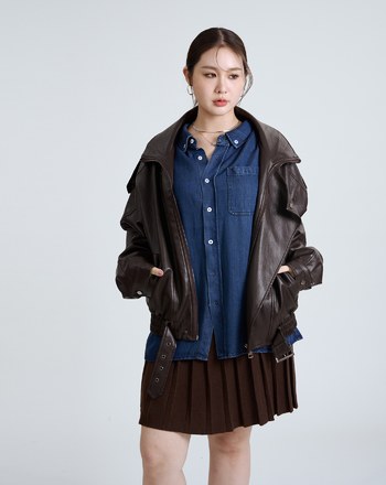 率性雙層領Oversize柔軟皮衣外套(兩色)
