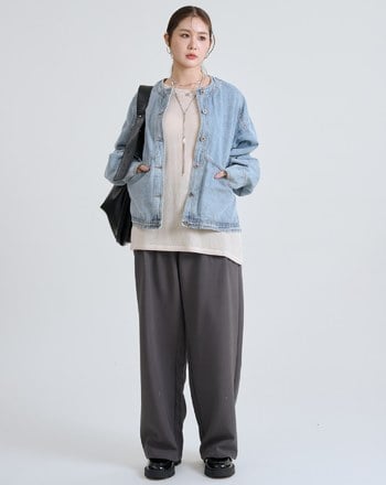 無領開襟造型剪接牛仔外套
