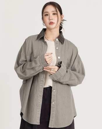 巴恩風皮質翻領牛仔襯衫外套(三色)