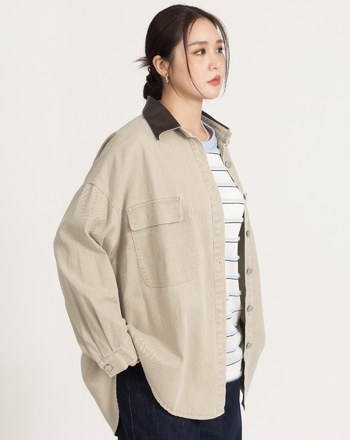 巴恩風皮質翻領牛仔襯衫外套(三色)