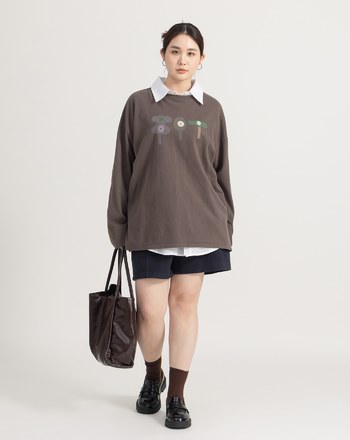 絨感純棉圖案設計長袖T恤(兩色)