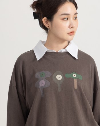 絨感純棉圖案設計長袖T恤(兩色)